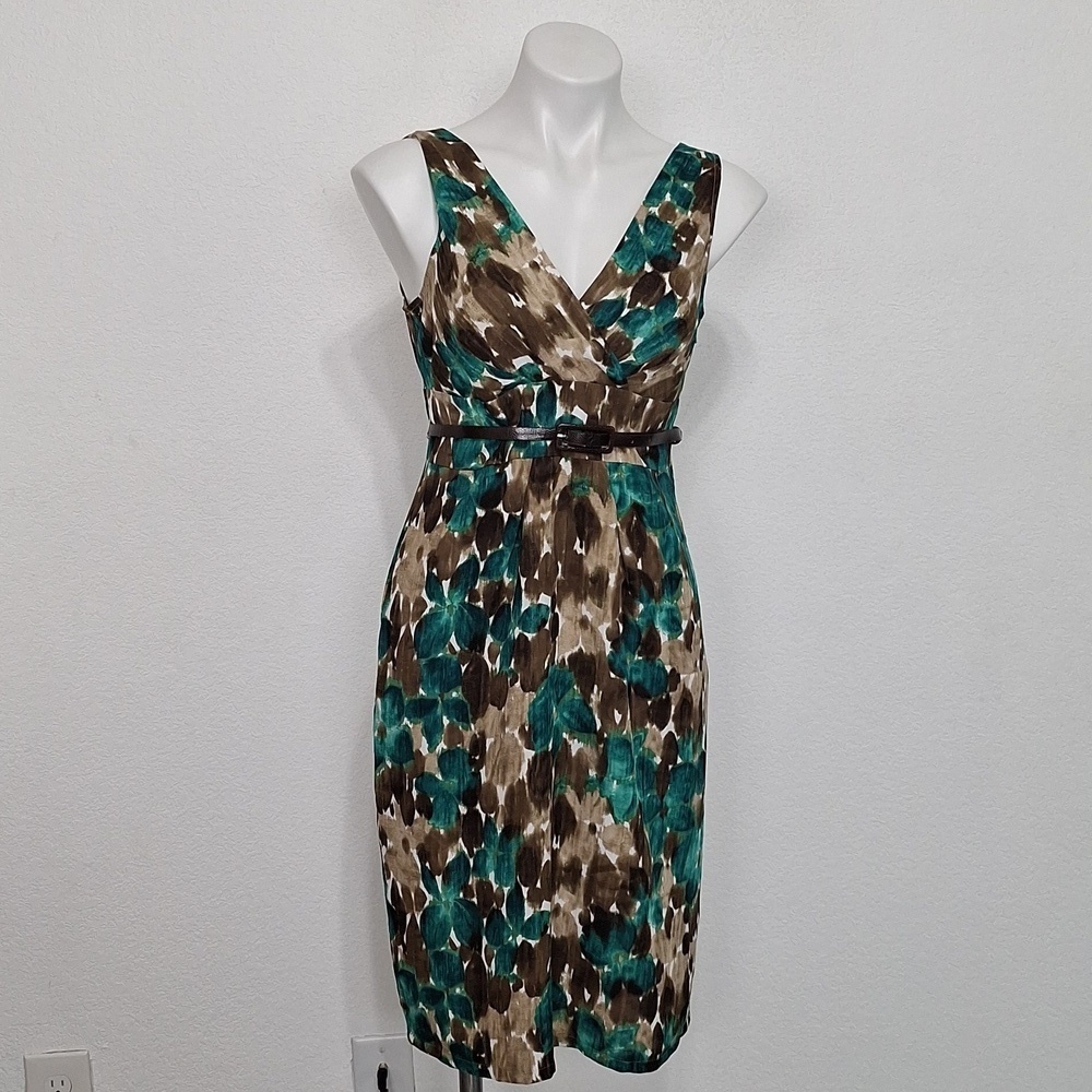 Axcess Liz Claiborne Green Brown Floral Watercolor Retro Midi Dress Size S